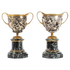 Antique Pair French Grand Tour Silvered Bronze Pedestal Urns 19th Century
