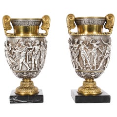 Antique Pair French Grand Tour Silvered Bronze Urns 19th C Antique Pair French Grand Tour Silvered Bronze Urns 19th C