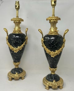 Antique Pair French Green Verde Marble Ormolu Dore Bronze Electric Table Lamps