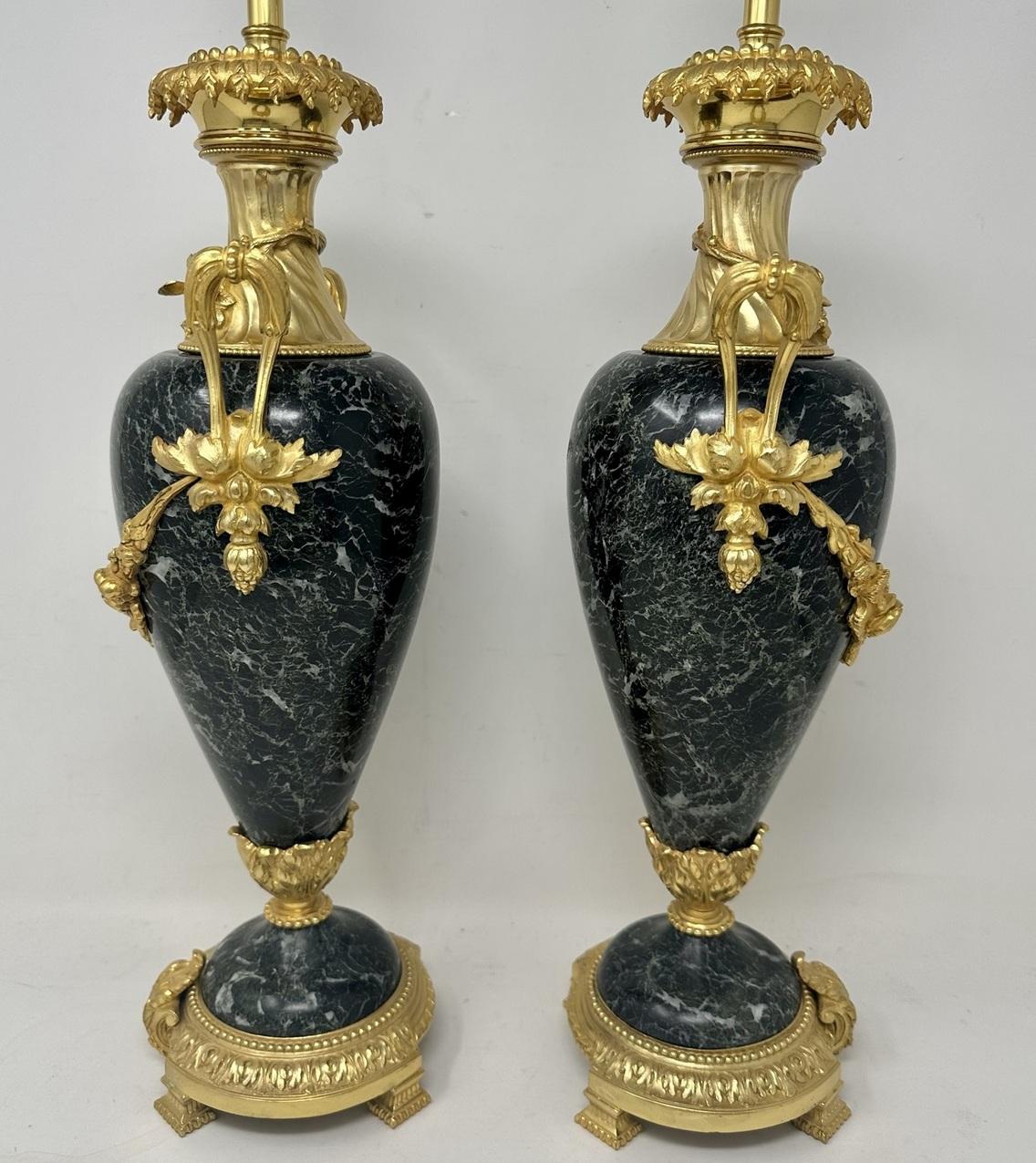 Late Victorian Antique Pair French Green Verde Marble Ormolu Dore Bronze Electric Table Lamps