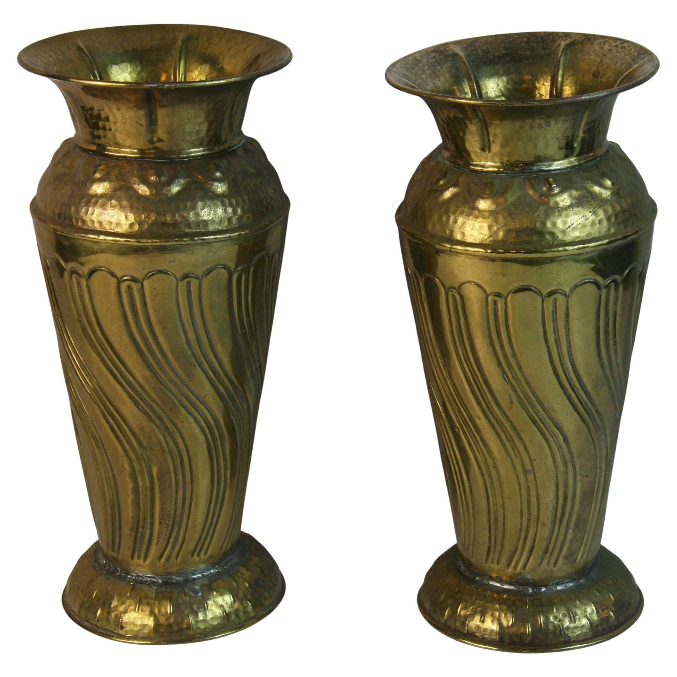 Antique Pair French  Hammered Brass Urns For Sale