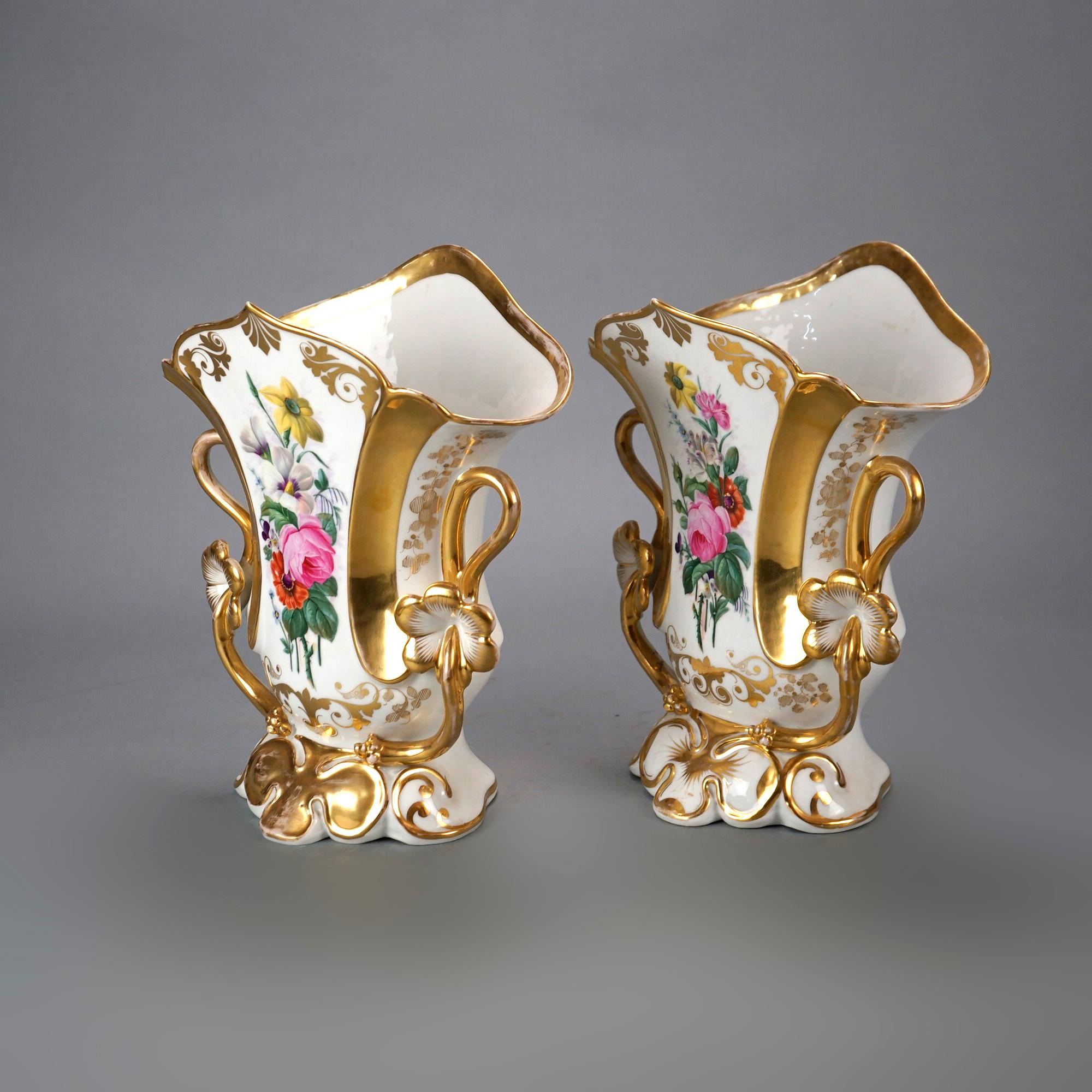 Antique Pair French Hand Painted Floral & Gilt Old Paris Spill Vases 19th C In Good Condition In Big Flats, NY