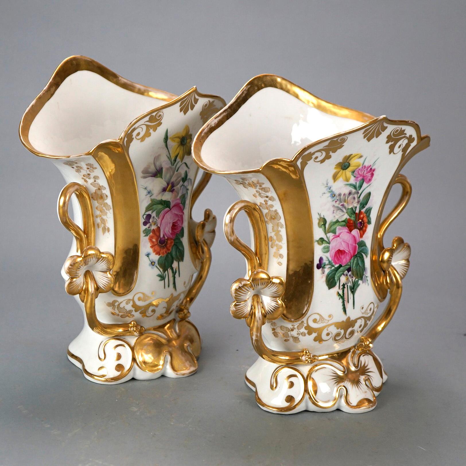 19th Century Antique Pair French Hand Painted Floral & Gilt Old Paris Spill Vases 19th C