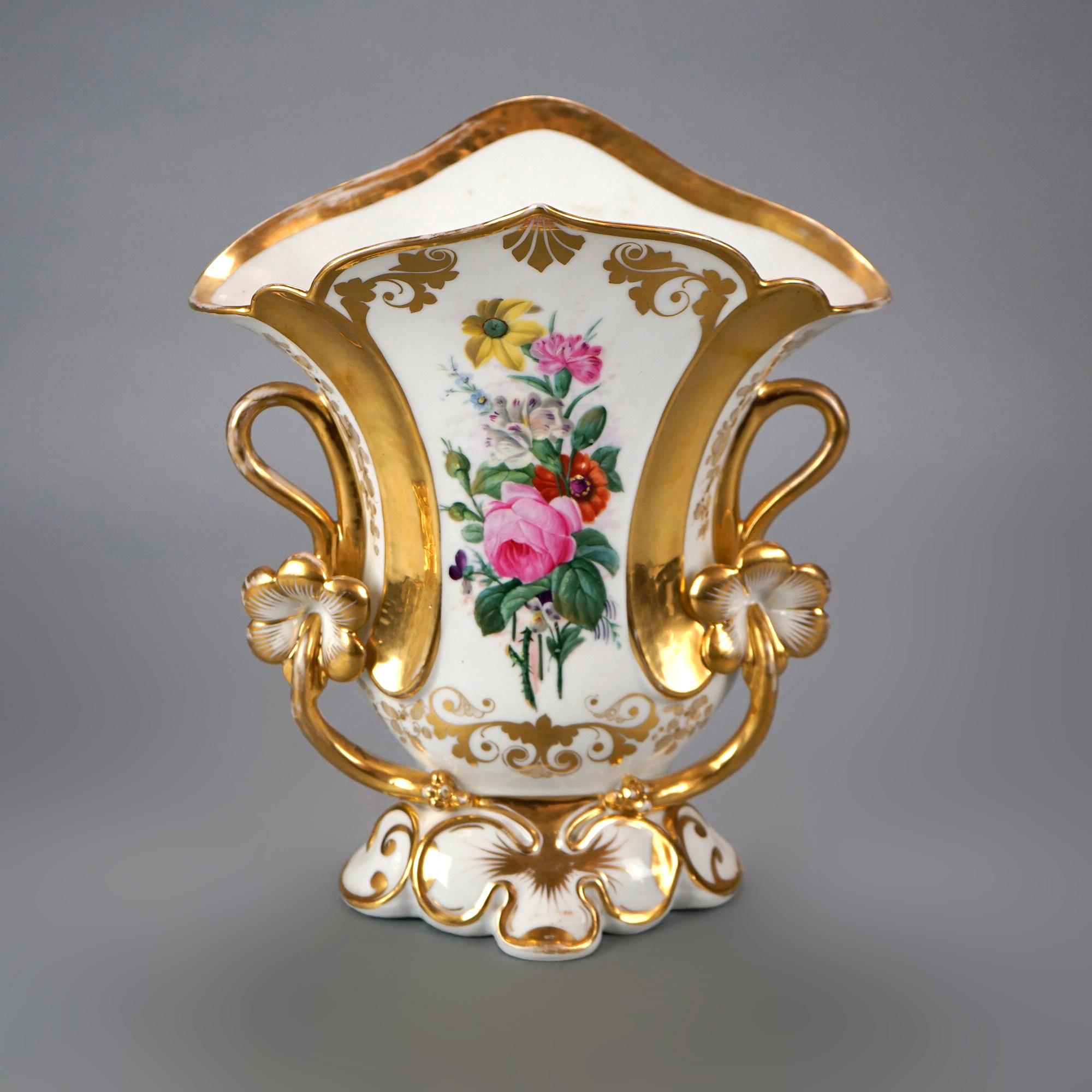 Porcelain Antique Pair French Hand Painted Floral & Gilt Old Paris Spill Vases 19th C