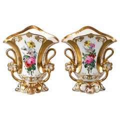 Antique Pair French Hand Painted Floral & Gilt Old Paris Spill Vases 19th C