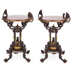 Antique Pair French Japonisme Gilt Patinated Bronze Marble Tables Gueridons