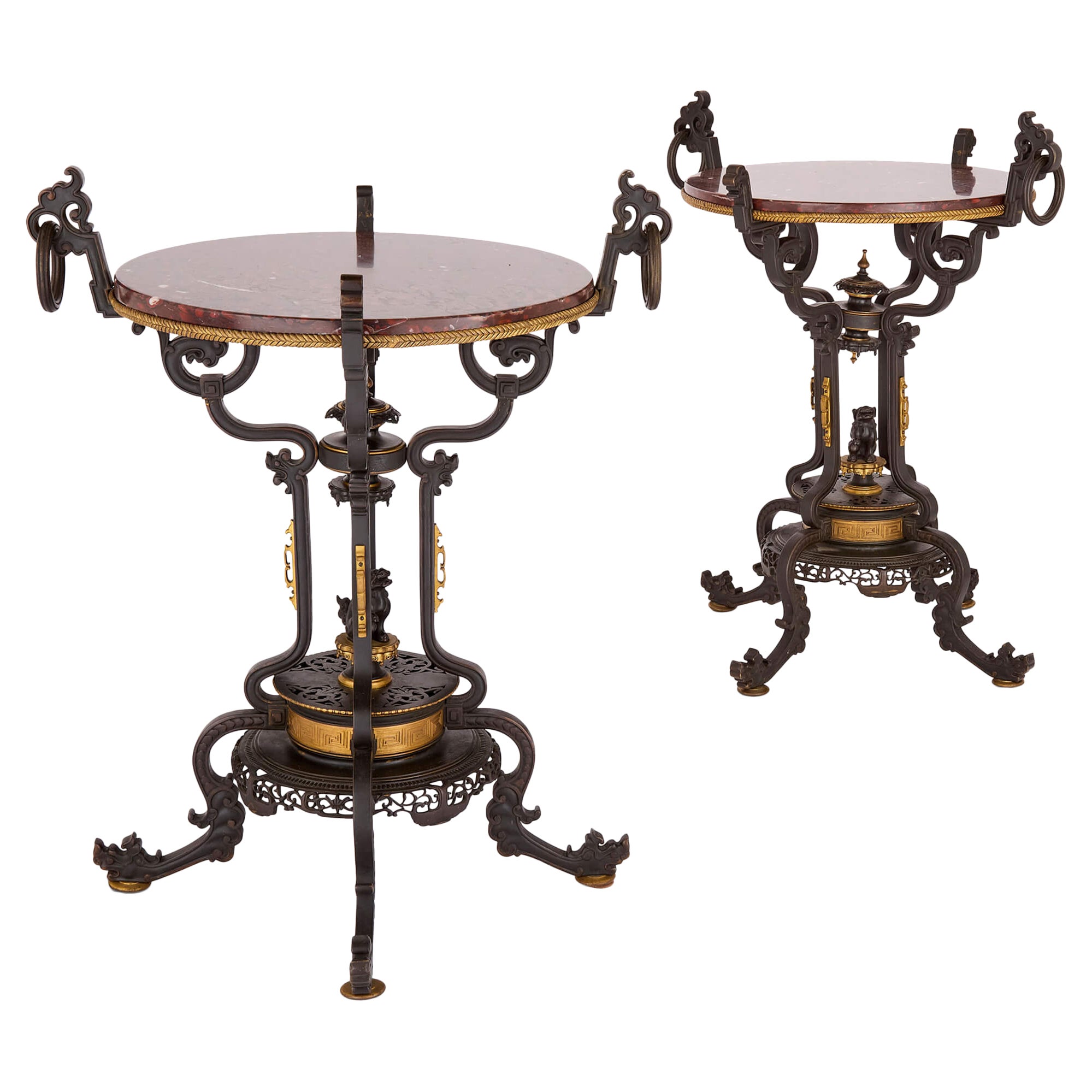 Antique Pair French Japonisme Gilt Patinated Bronze Marble Tables Gueridons For Sale