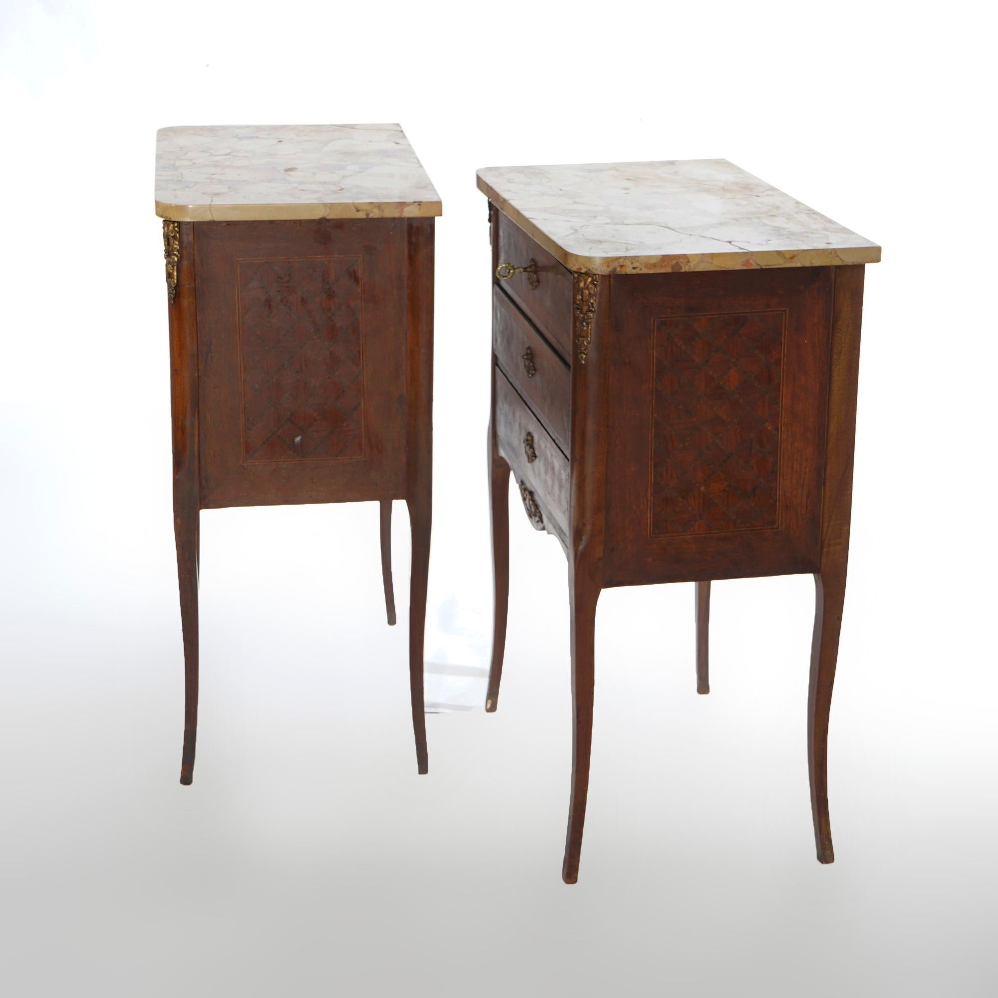 Inlay Antique Pair French Kingwood Satinwood Inlaid Marble Top Side Tables circa 1910 For Sale