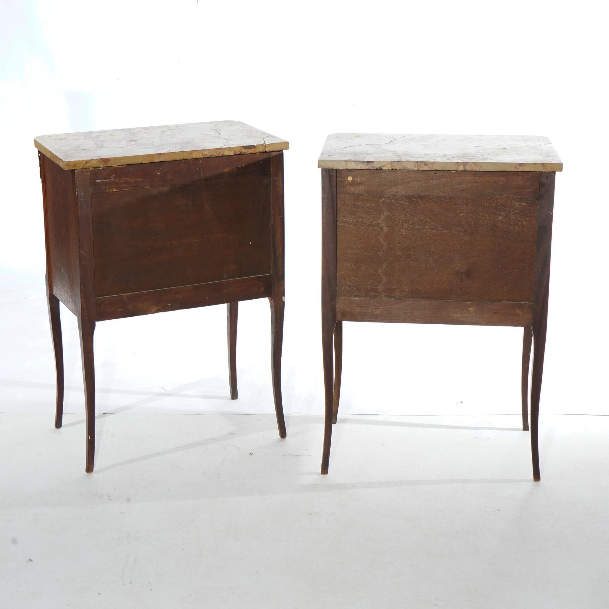 Antique Pair French Kingwood Satinwood Inlaid Marble Top Side Tables circa 1910 In Good Condition For Sale In Big Flats, NY