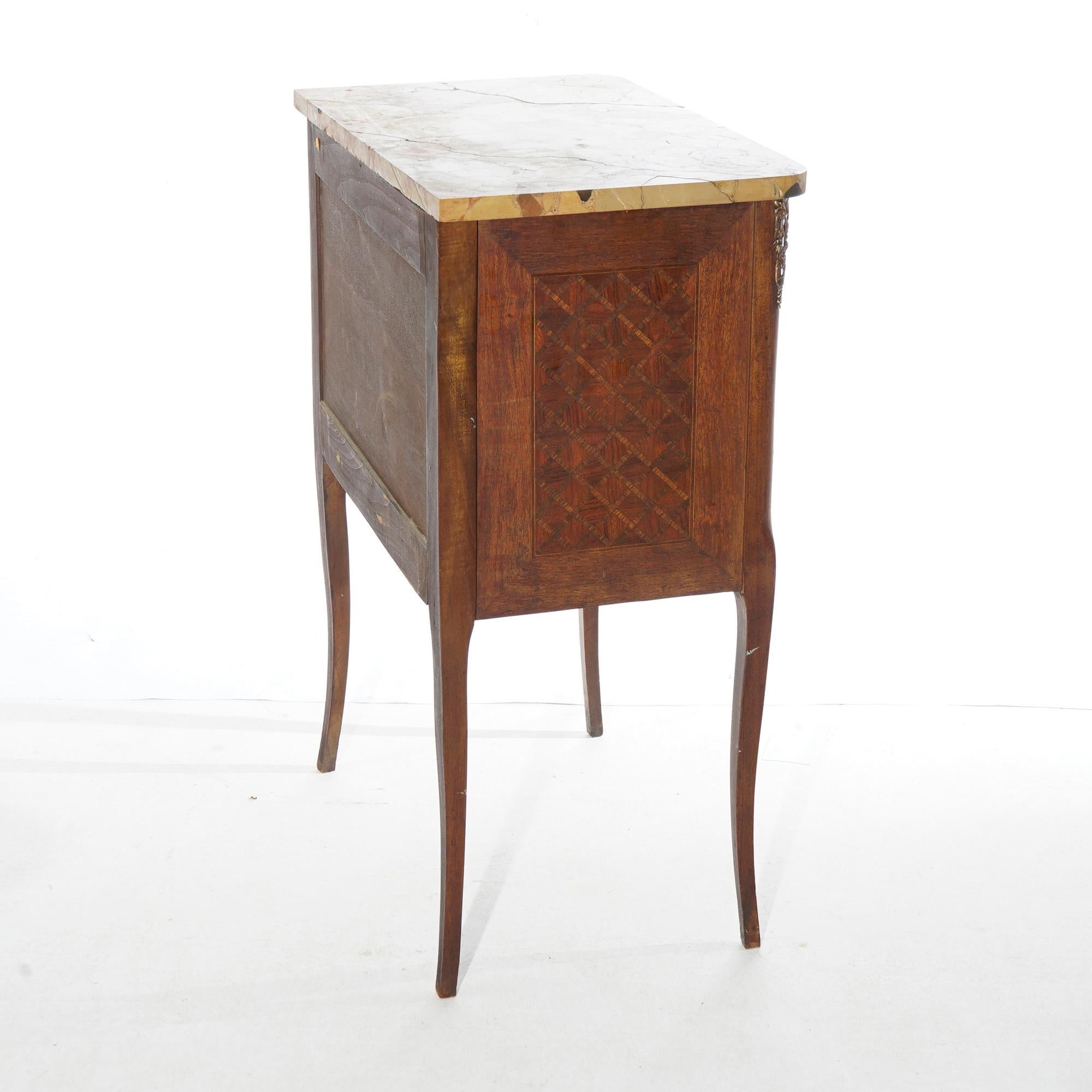 20th Century Antique Pair French Kingwood Satinwood Inlaid Marble Top Side Tables circa 1910 For Sale
