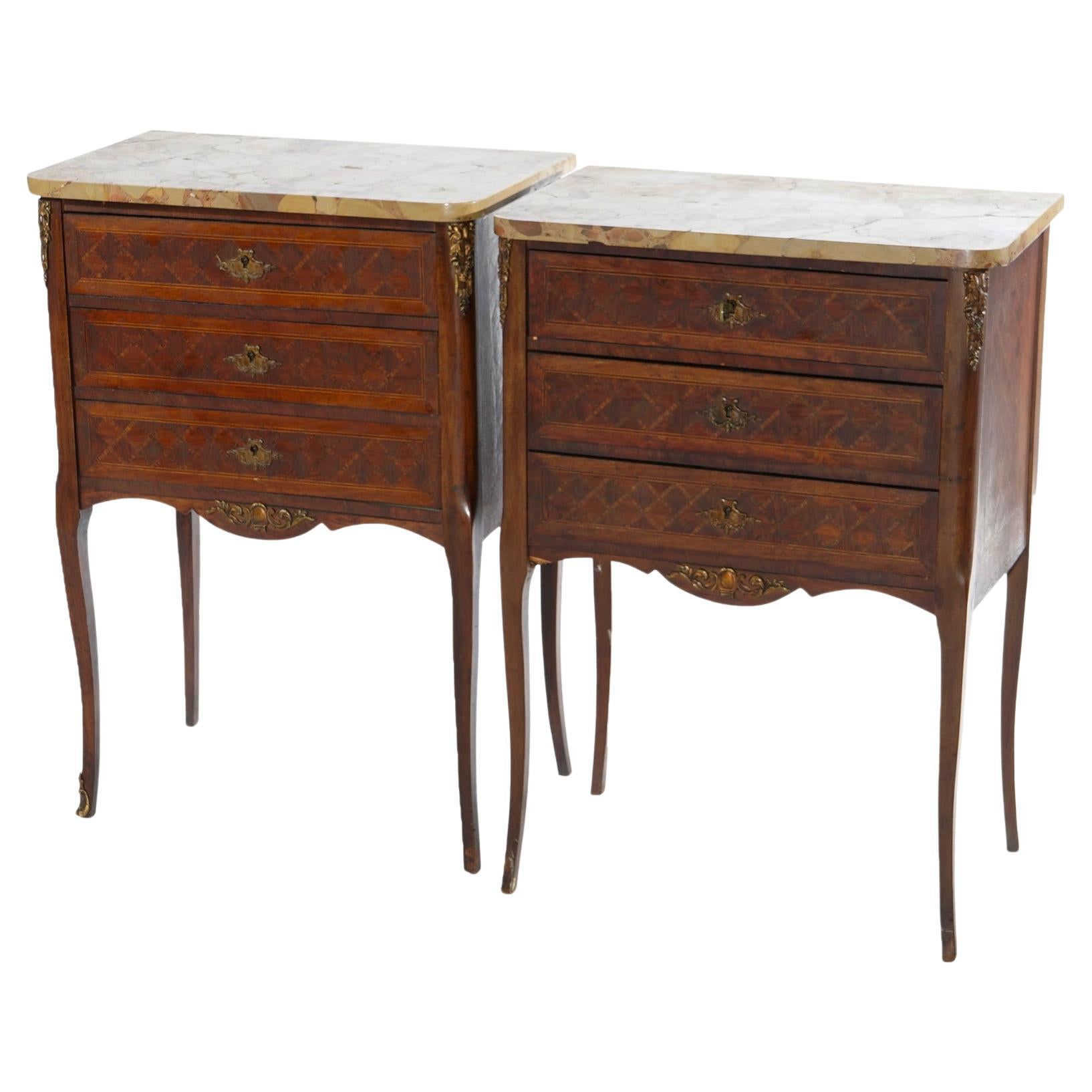 Antique Pair French Kingwood Satinwood Inlaid Marble Top Side Tables circa 1910