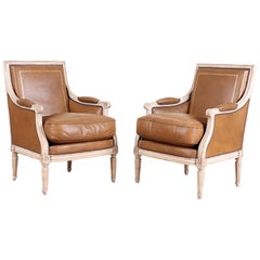 Ancienne paire de fauteuils Bergère en cuir de style Louis XVI