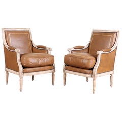 Antique Pair of French Leather Bergère/Armchairs in the Louis XVI Manner