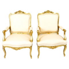 Antique Pair French Louis Revival Giltwood Piece Salon Armchairs 19th Century