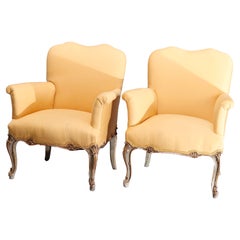 Antique Pair French Louis XIV Giltwood & Upholstered Bergere Chairs 19th C