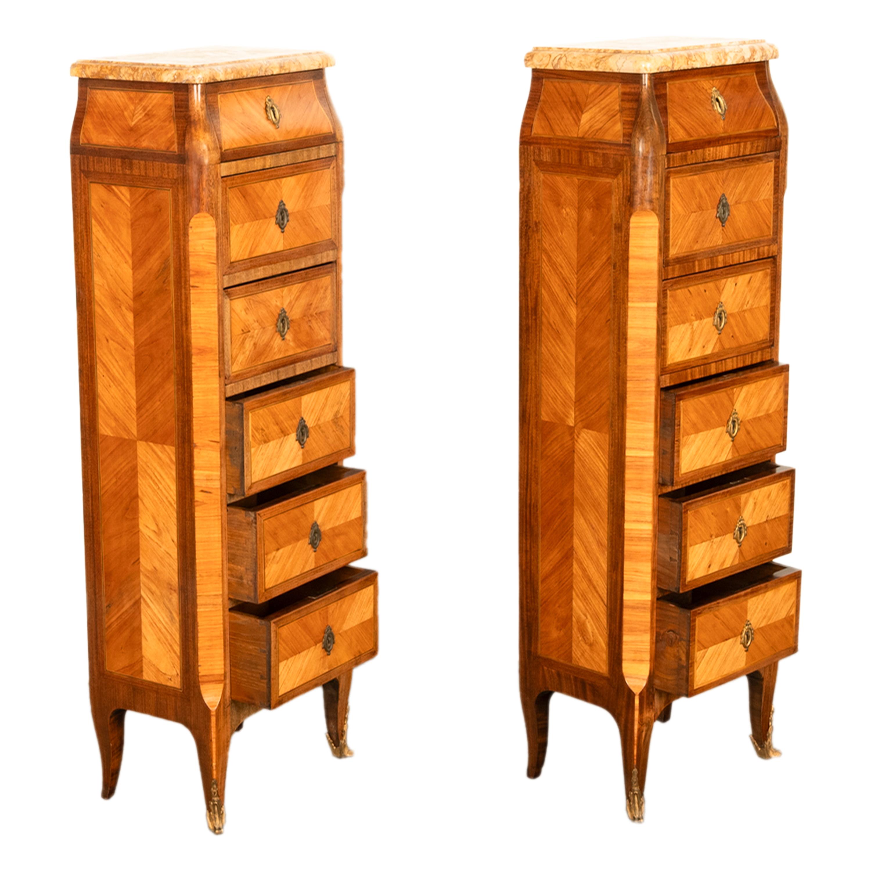 Antique Pair French Louis XV Chiffonier Marble & Kingwood Tall Lingerie Chests 5