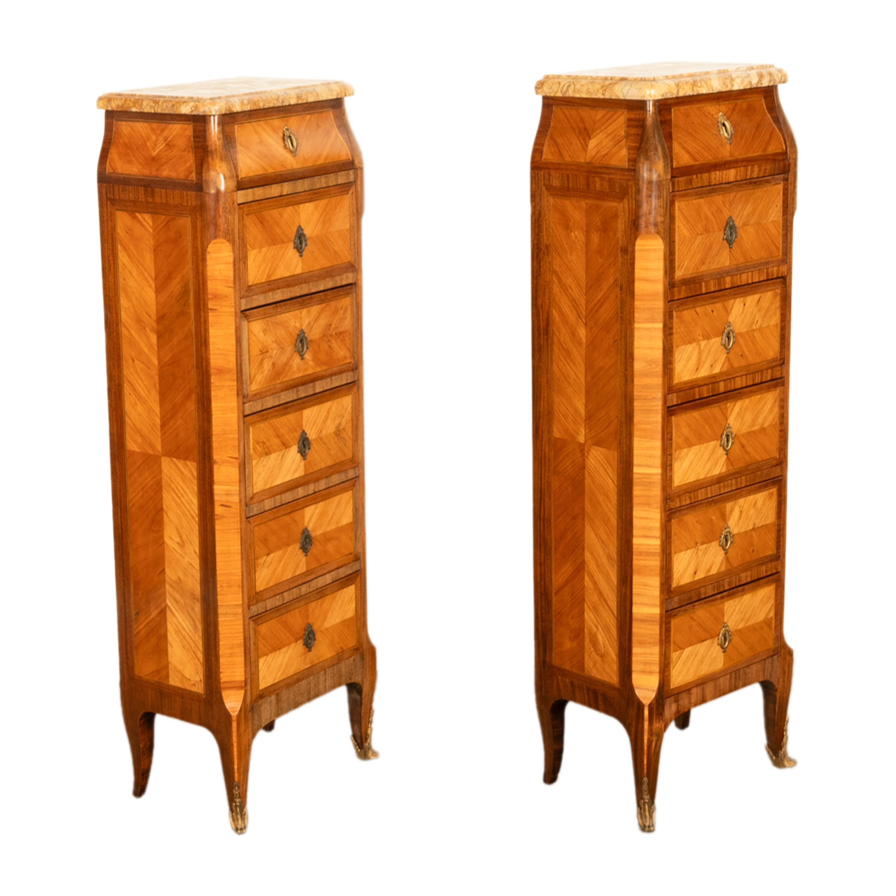 Antique Pair French Louis XV Chiffonier Marble & Kingwood Tall Lingerie Chests 6