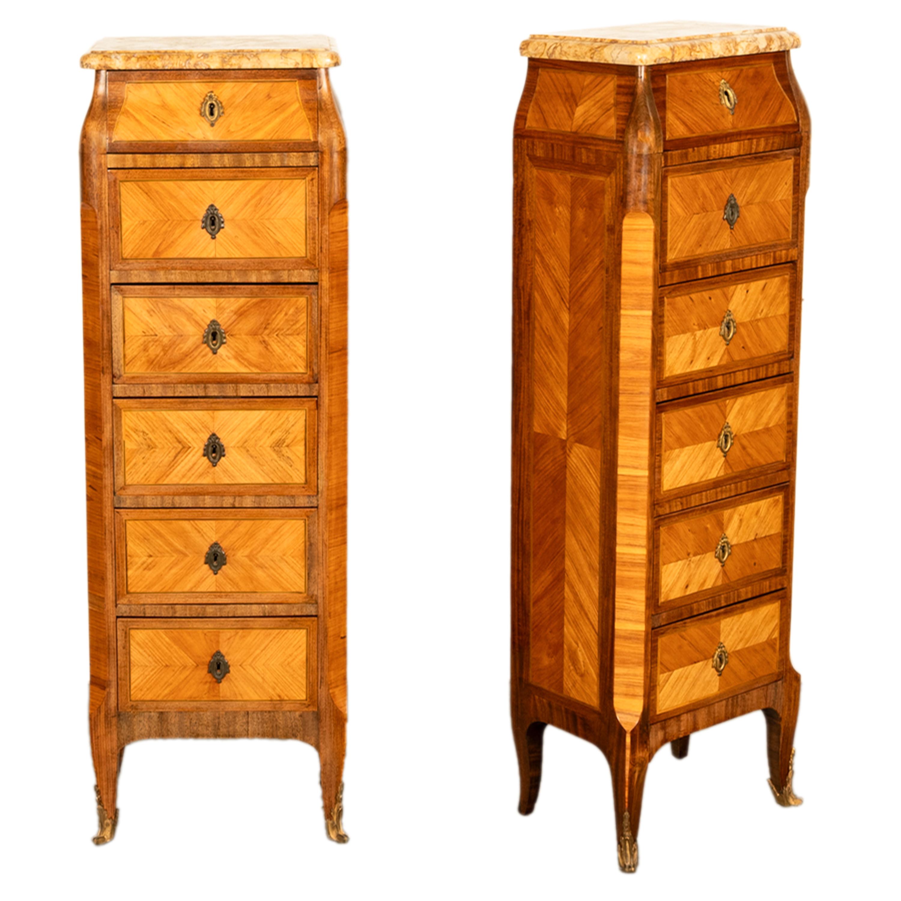 Antique Pair French Louis XV Chiffonier Marble & Kingwood Tall Lingerie Chests 7