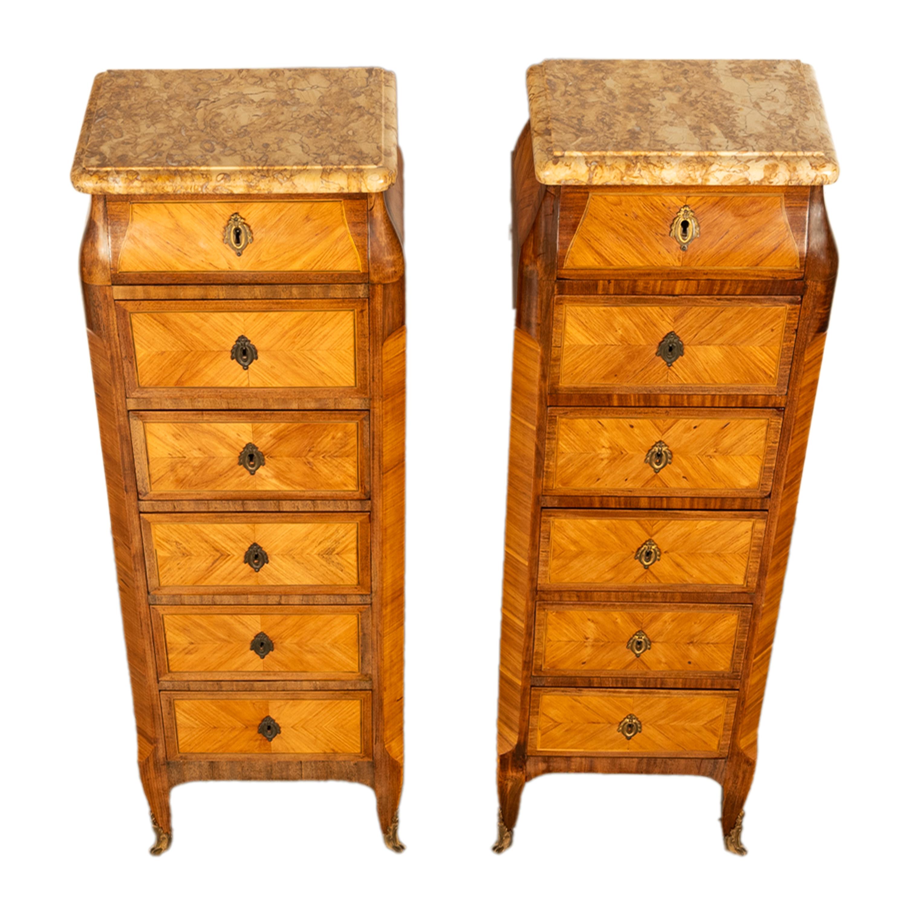 Antique Pair French Louis XV Chiffonier Marble & Kingwood Tall Lingerie Chests 9