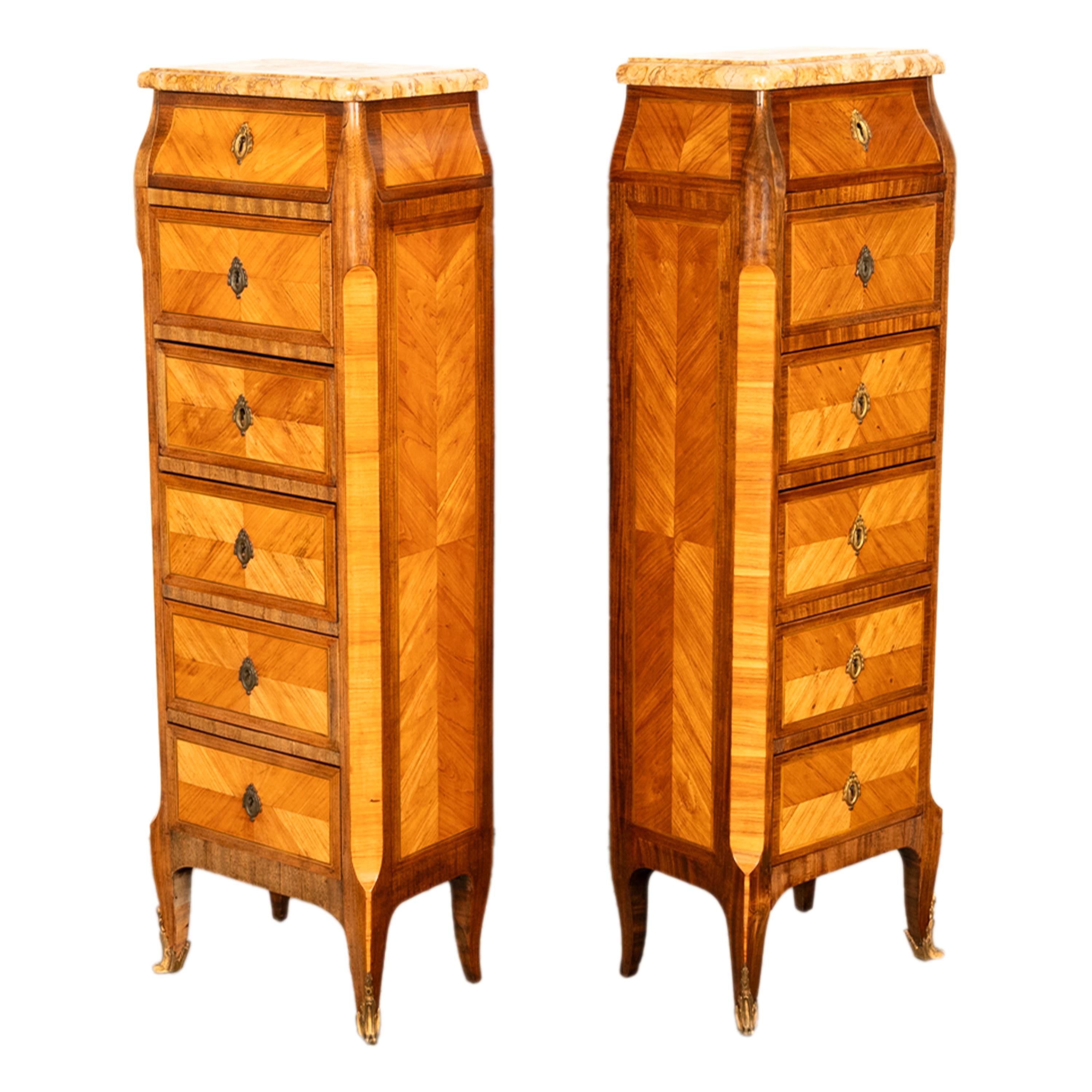 Gilt Antique Pair French Louis XV Chiffonier Marble & Kingwood Tall Lingerie Chests