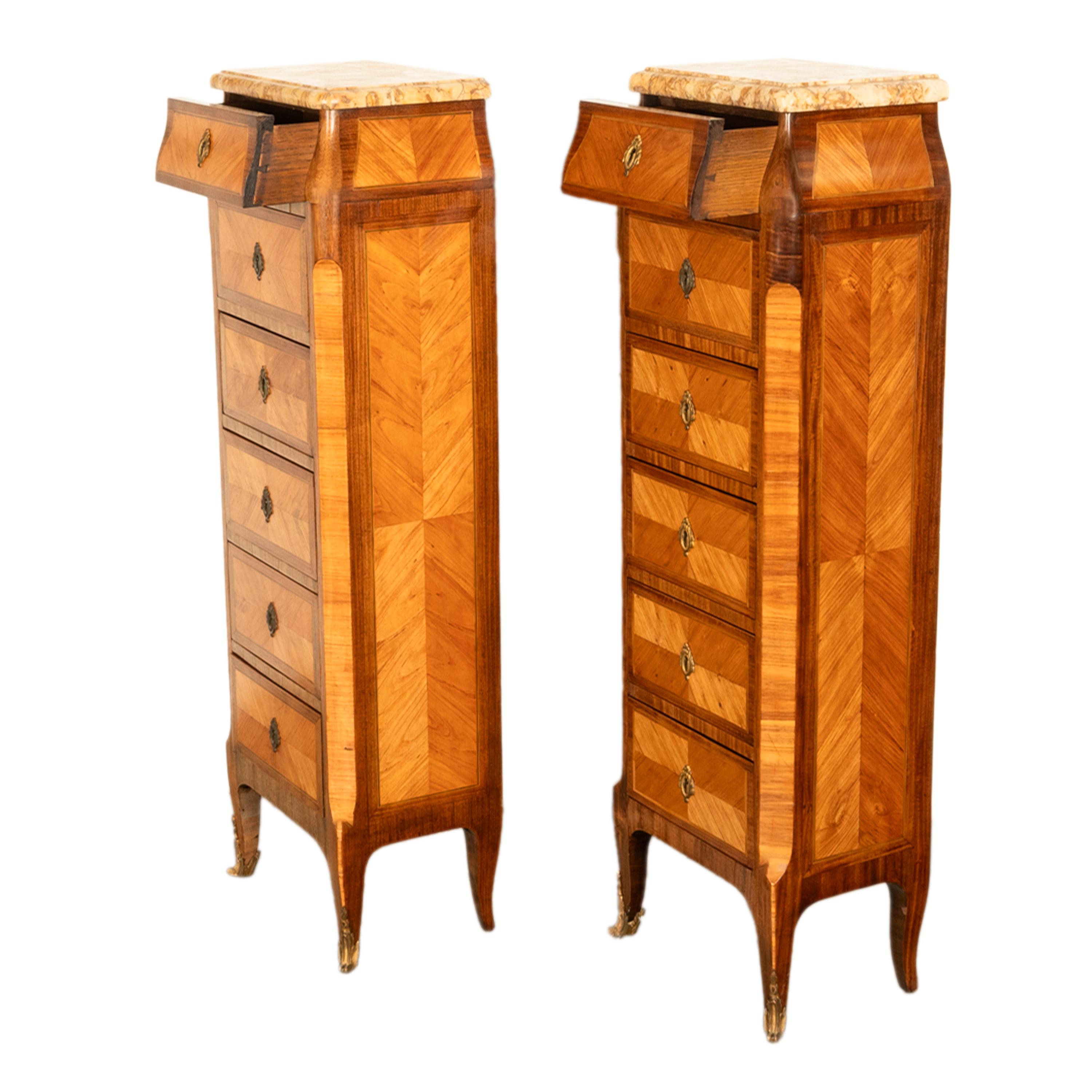 19th Century Antique Pair French Louis XV Chiffonier Marble & Kingwood Tall Lingerie Chests