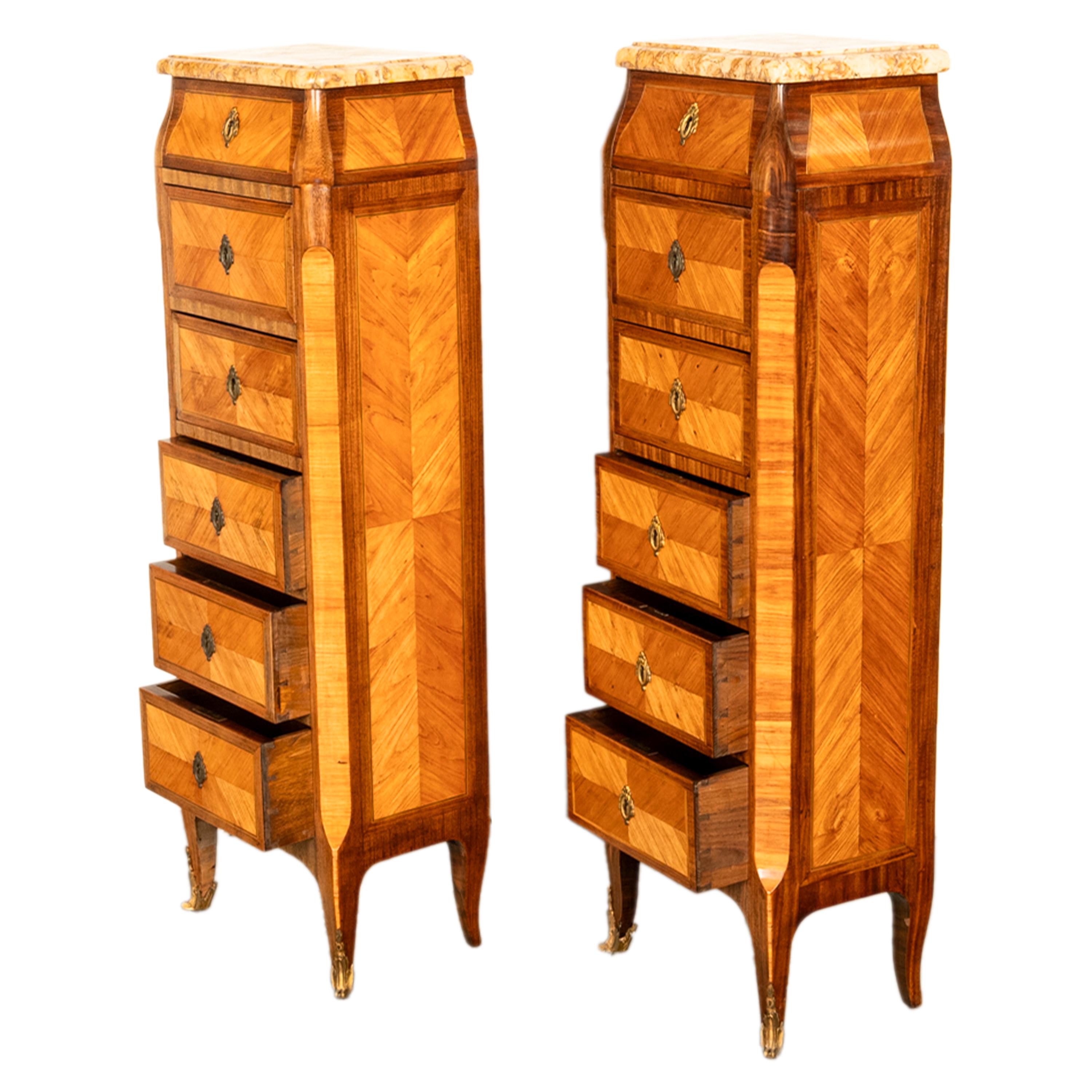 Antique Pair French Louis XV Chiffonier Marble & Kingwood Tall Lingerie Chests 1