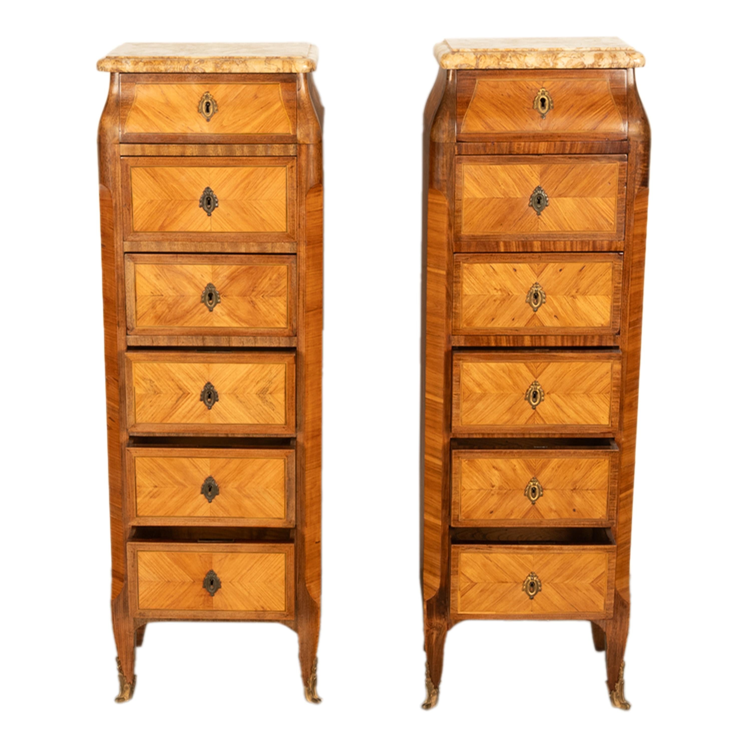 Antique Pair French Louis XV Chiffonier Marble & Kingwood Tall Lingerie Chests 2