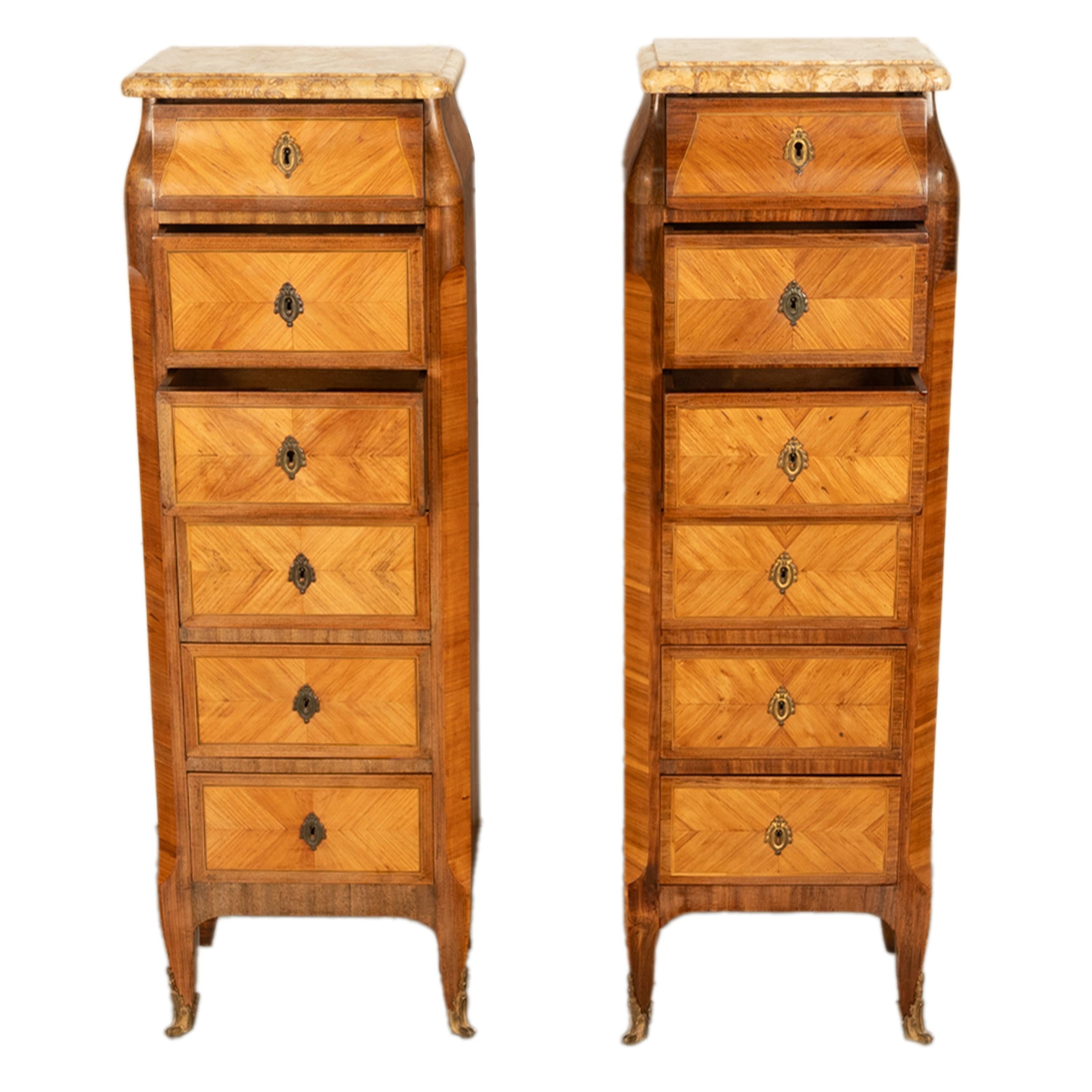 Antique Pair French Louis XV Chiffonier Marble & Kingwood Tall Lingerie Chests 3