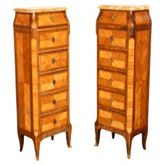 Antique Pair French Louis XV Chiffonier Marble & Kingwood Tall Lingerie Chests