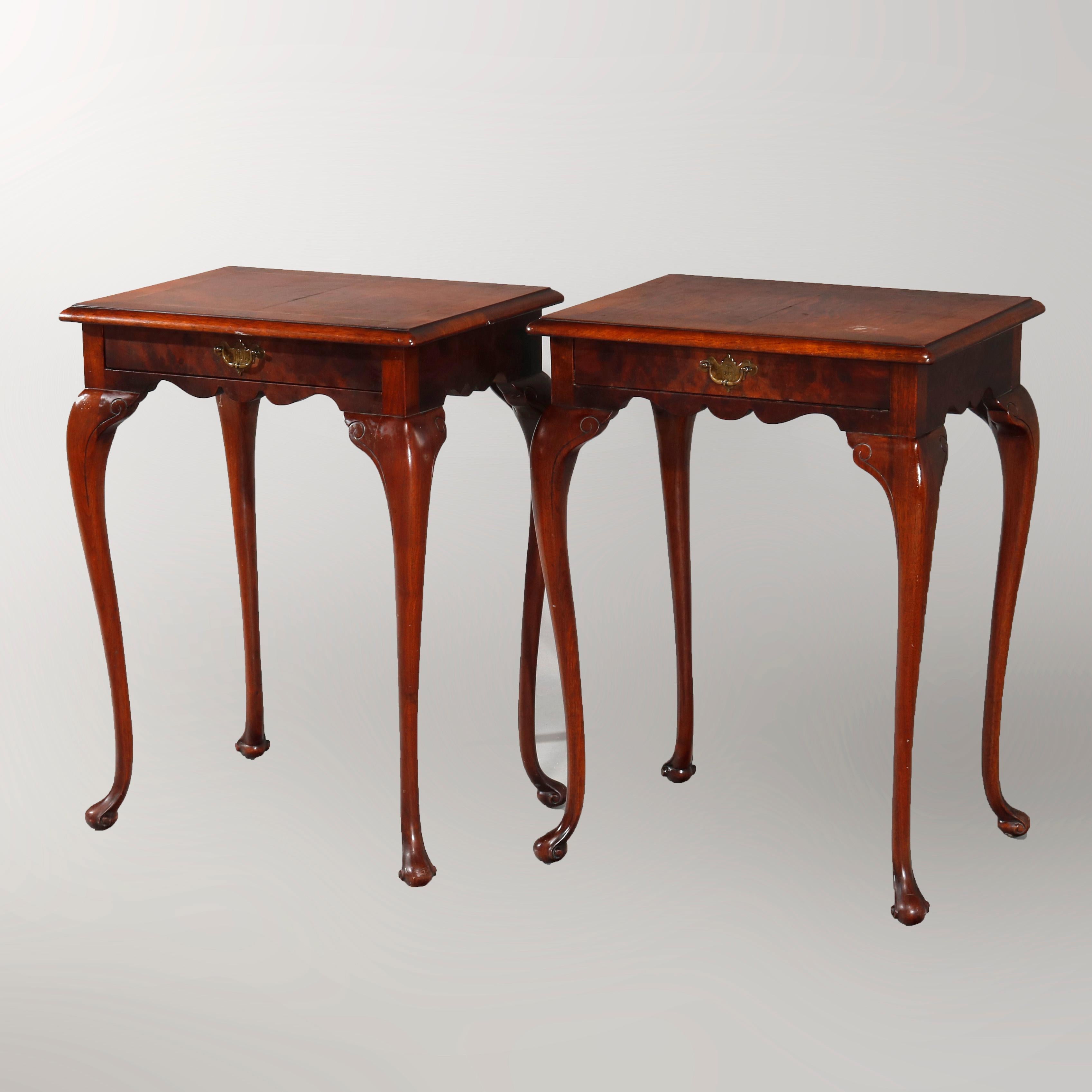 Antique Pair of French Louis XV Cross Banded Inlay Single Drawer End Tables In Good Condition In Big Flats, NY