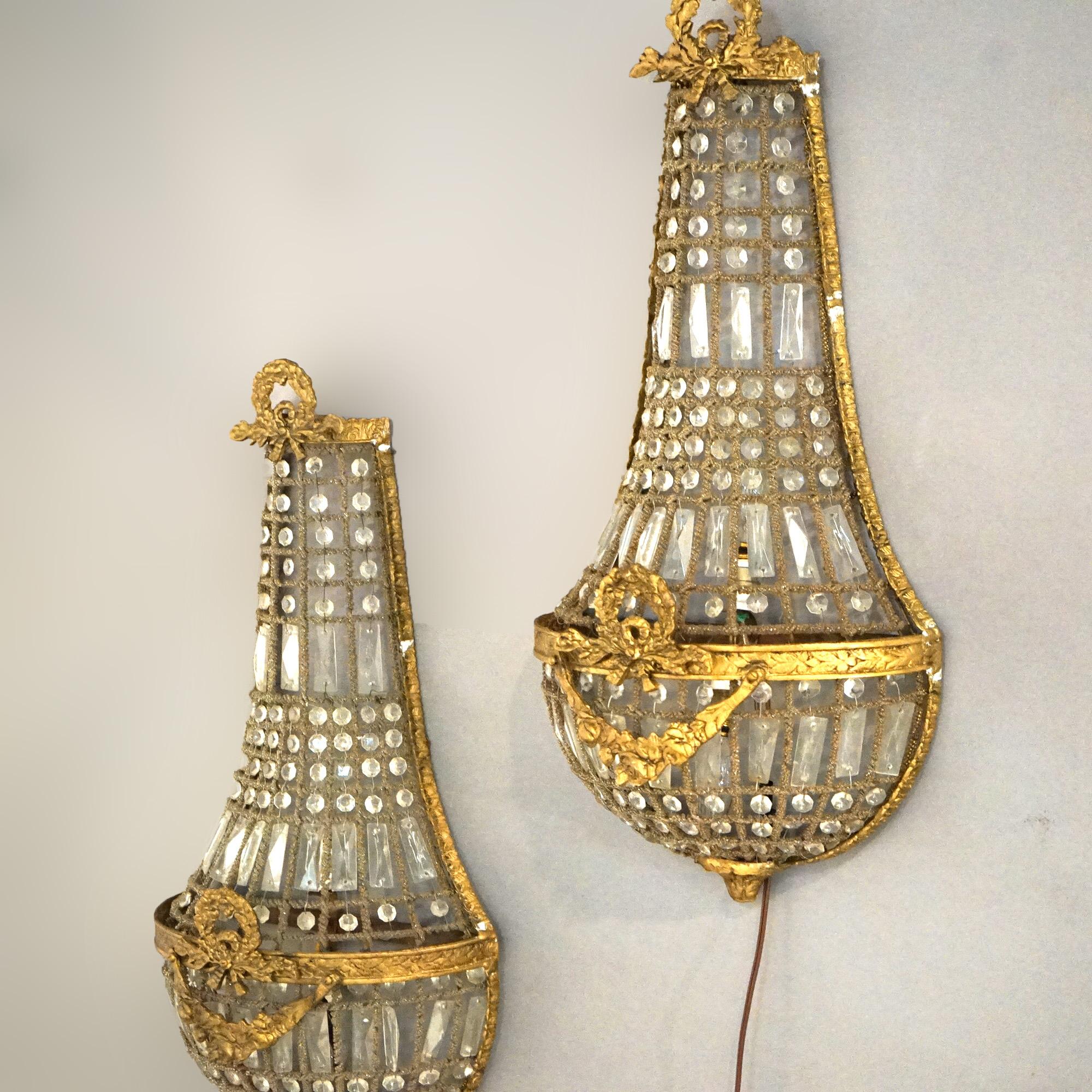 Antique Pair French Louis XV Empire Style Bronzed Metal & Crystal Sconces c1920 9