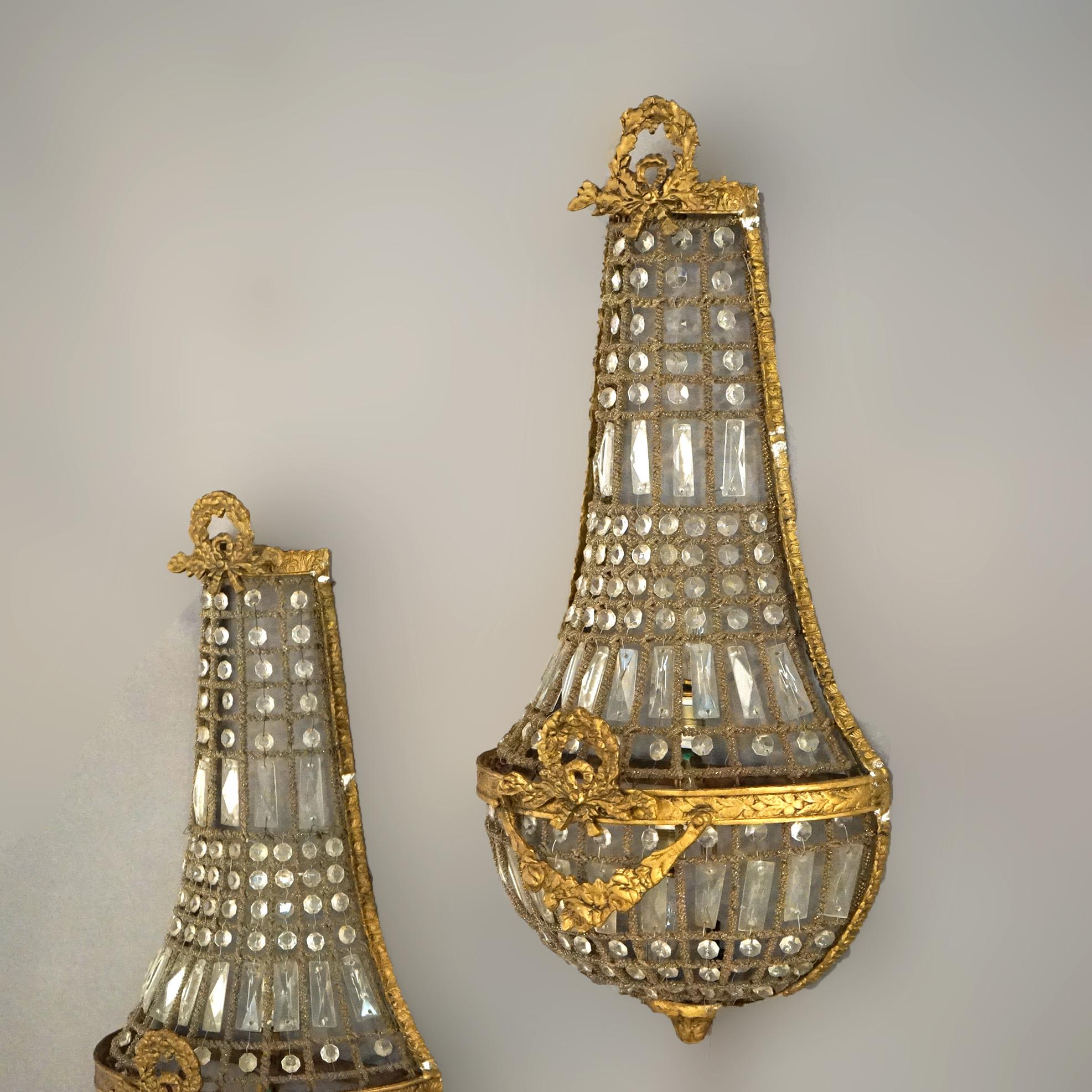 Antique Pair French Louis XV Empire Style Bronzed Metal & Crystal Sconces c1920 10
