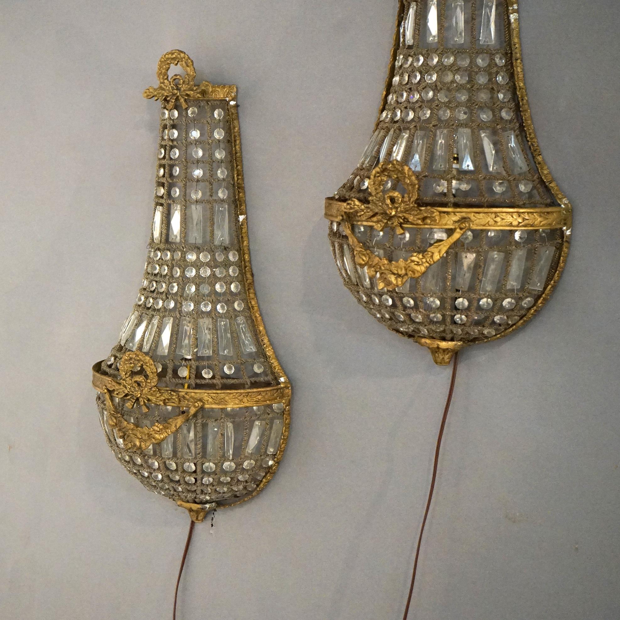 Antique Pair French Louis XV Empire Style Bronzed Metal & Crystal Sconces c1920 11
