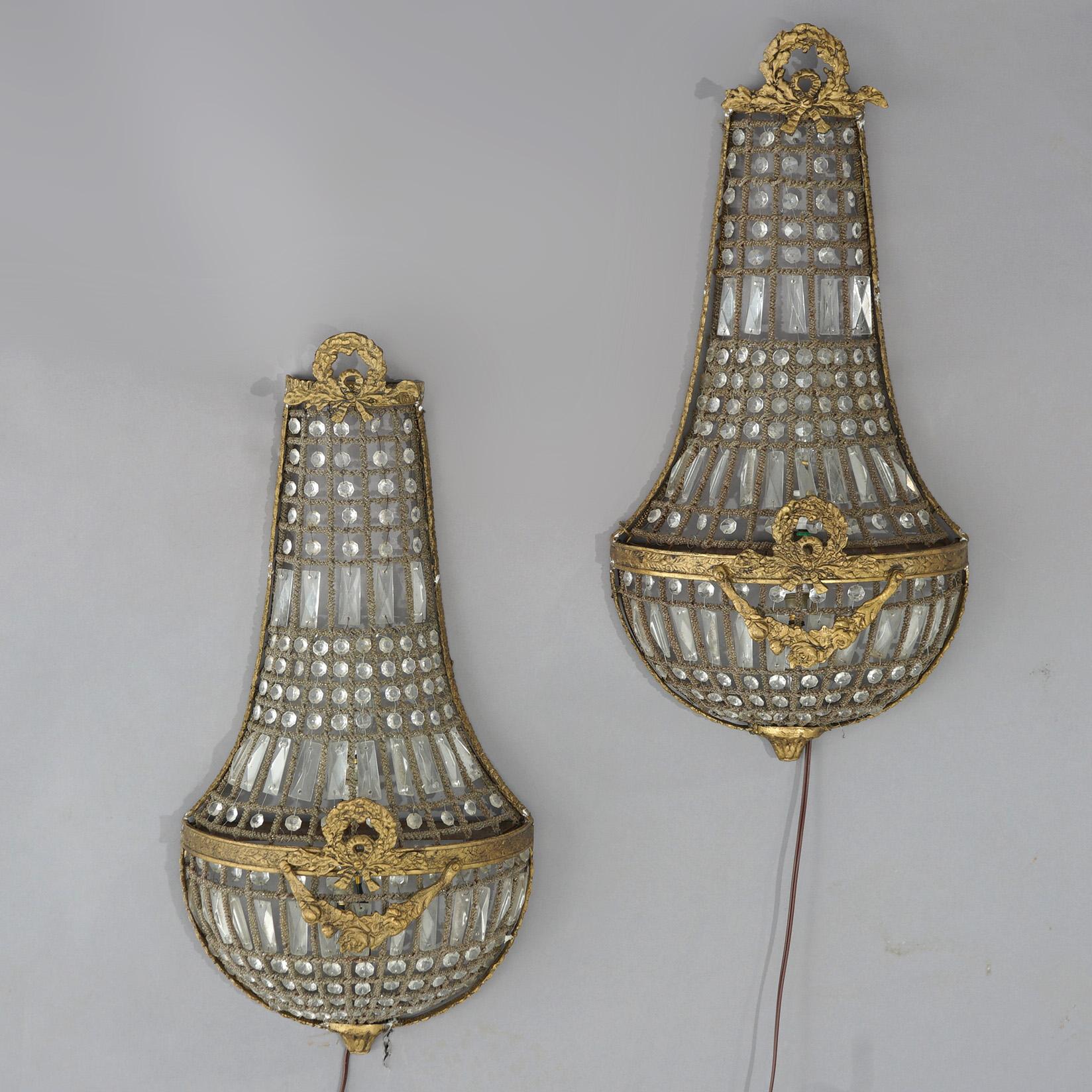 American Antique Pair French Louis XV Empire Style Bronzed Metal & Crystal Sconces c1920