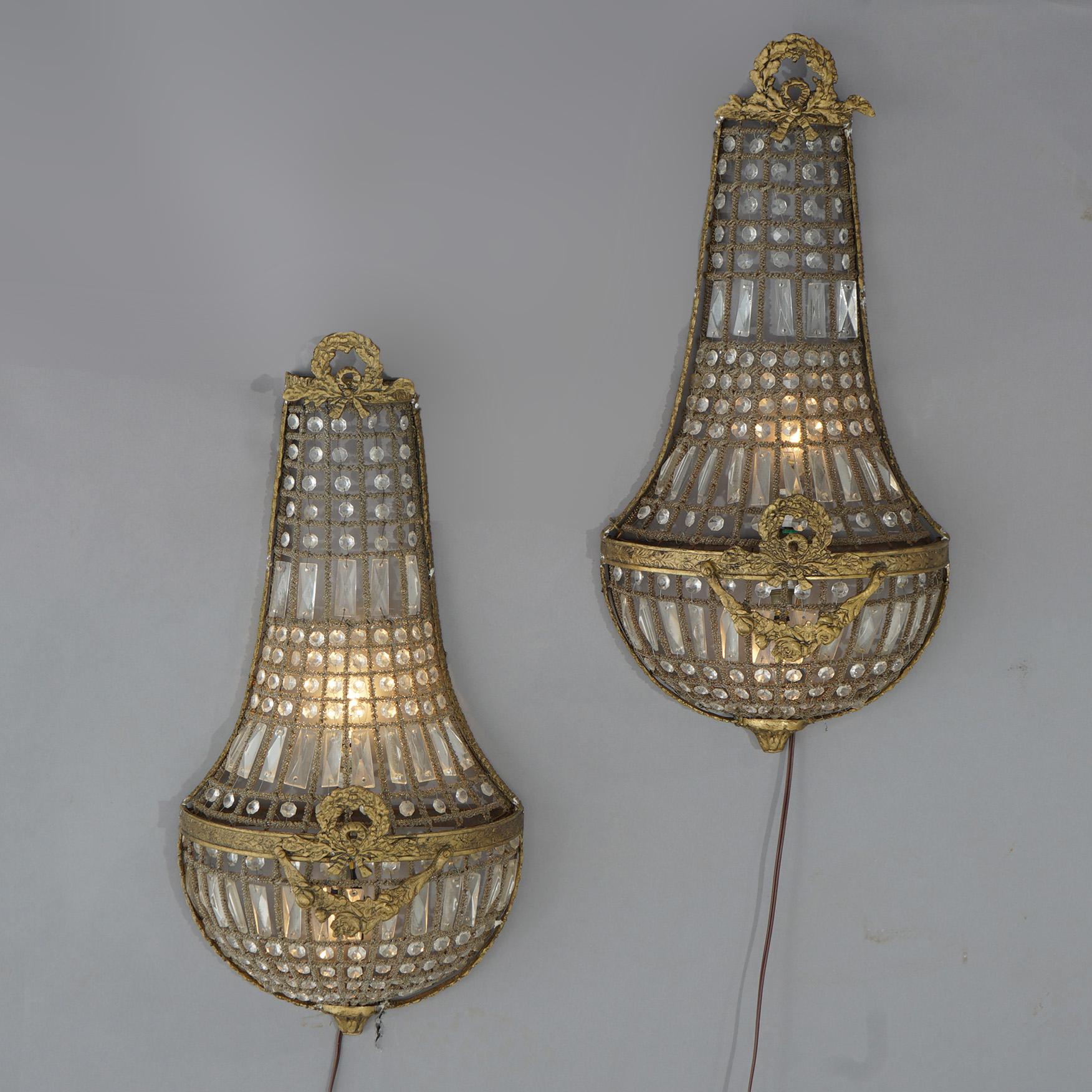 20th Century Antique Pair French Louis XV Empire Style Bronzed Metal & Crystal Sconces c1920
