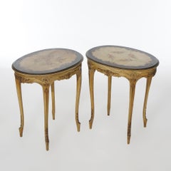 Antique Pair French Louis XV Polychrome Decorated Carved Oval Side Tables, c1920