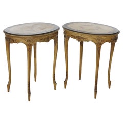 Antique Pair French Louis XV Polychrome Decorated Carved Oval Side Tables, c1920