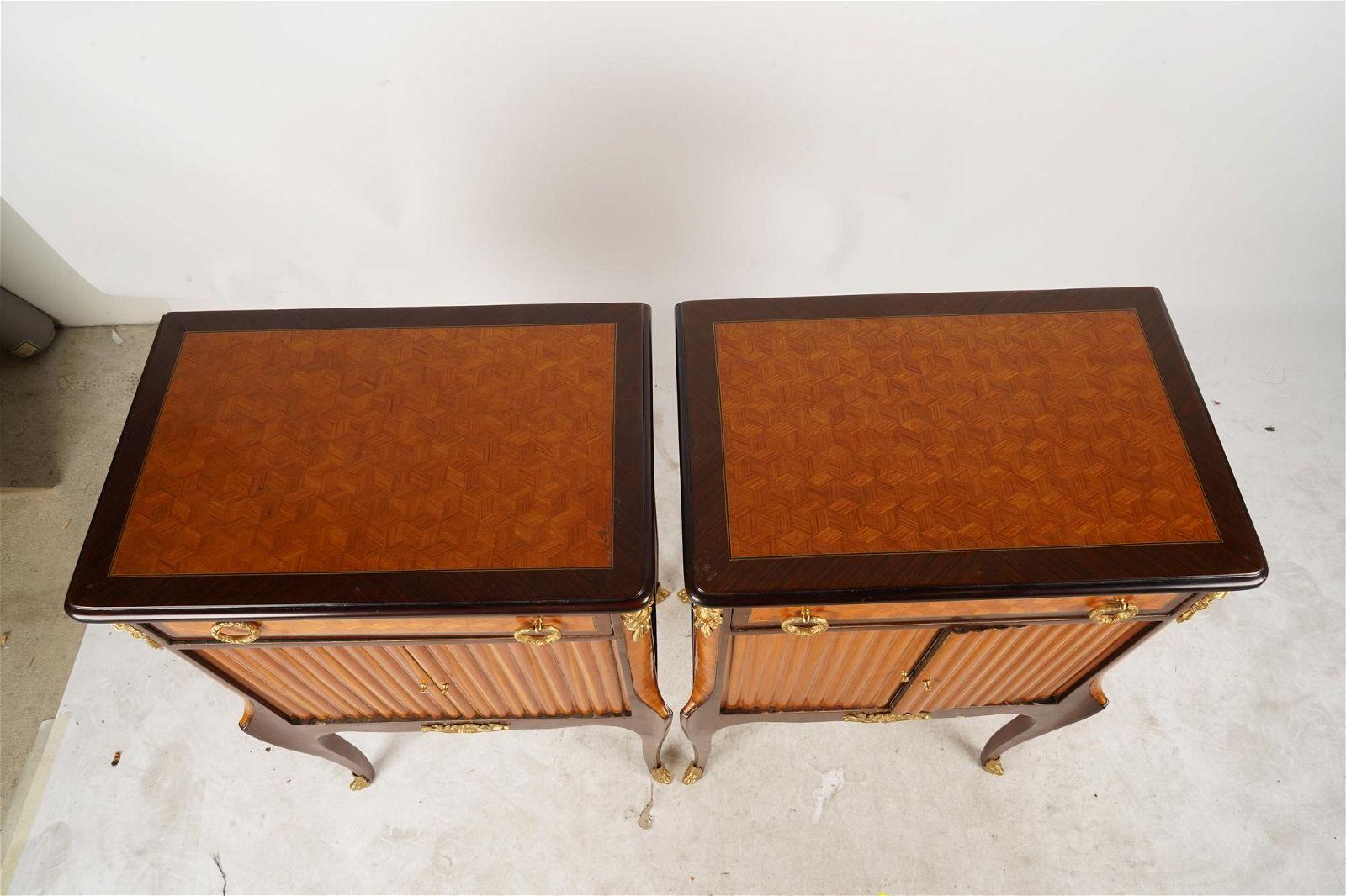 Hand-Crafted Antique Pair French Louis XV / XVI Transitional Style Chests w/ Inlay Circa 1920 For Sale
