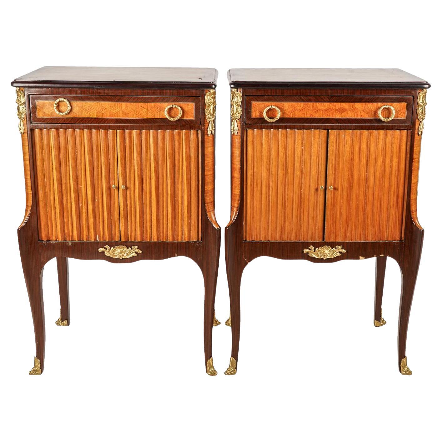 Antique Pair French Louis XV / XVI Transitional Style Chests w/ Inlay Circa 1920 For Sale