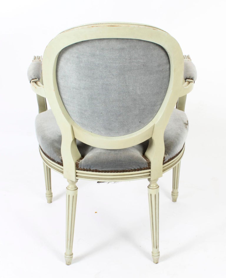 Antique Pair French Louis XVI Revival Painted Armchairs, Early 20th