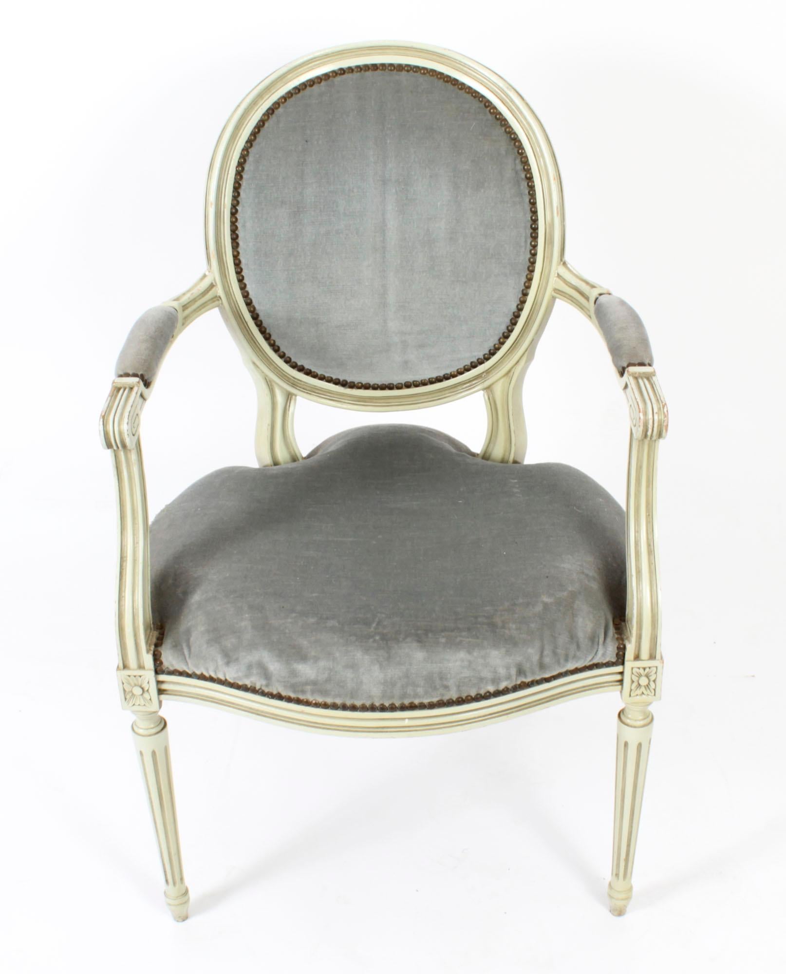 Antique Pair French Louis XVI Revival Painted Armchairs, Early 20th Century For Sale 8