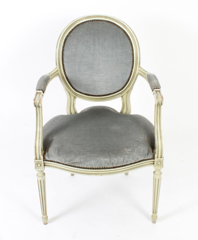 Antique Pair French Louis XVI Revival Painted Armchairs, Early 20th