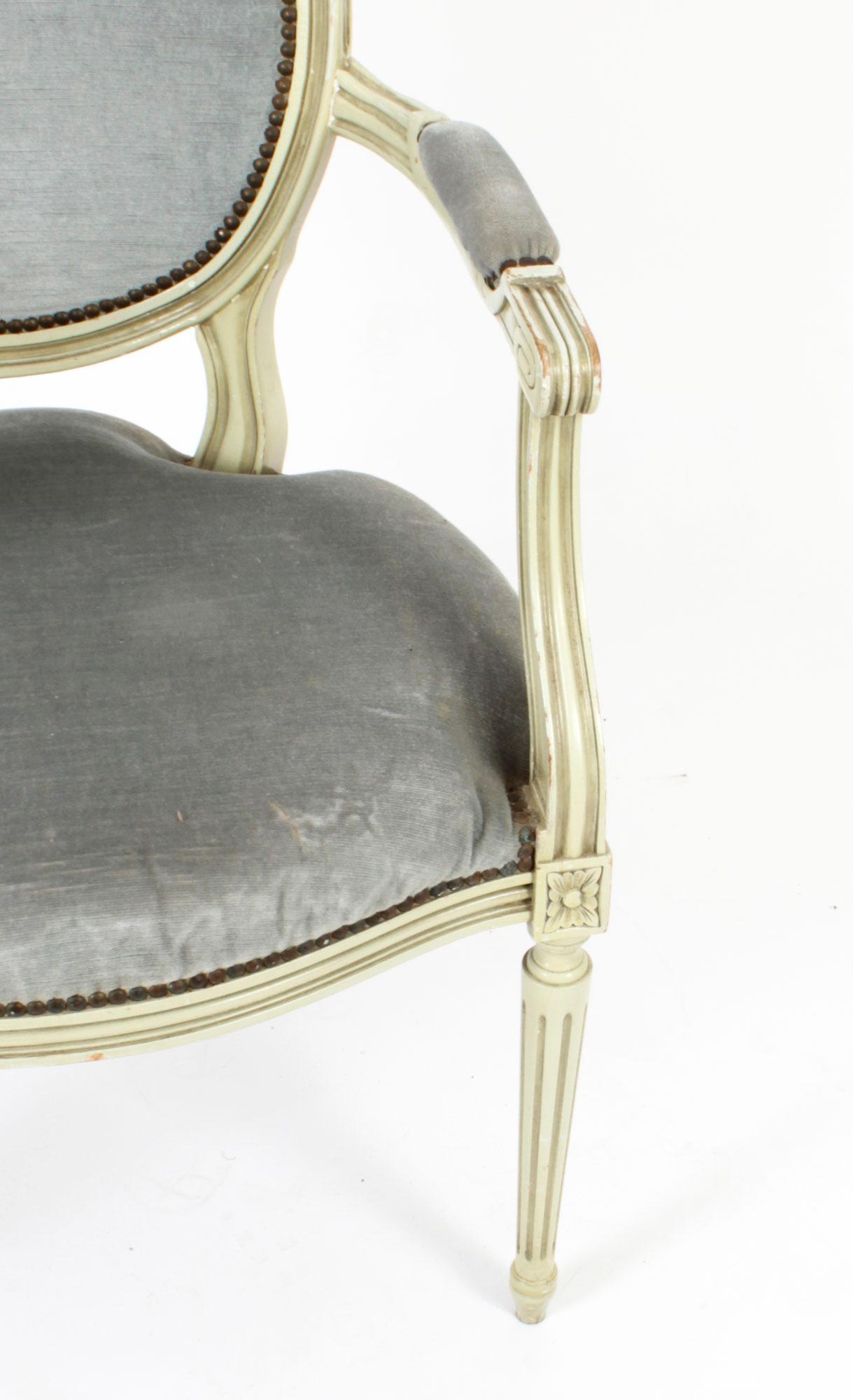 Antique Pair French Louis XVI Revival Painted Armchairs, Early 20th Century For Sale 12