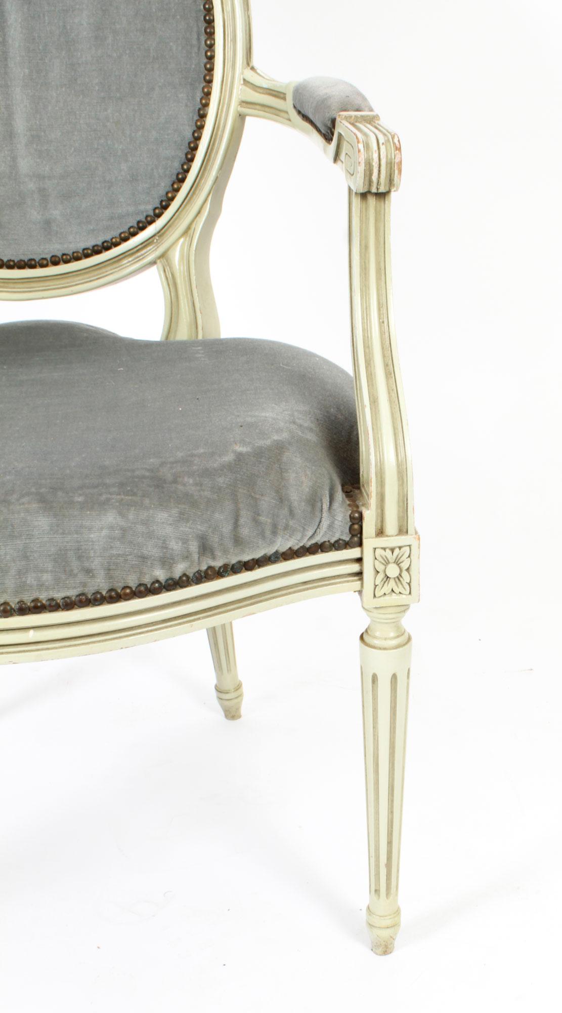 Antique Pair French Louis XVI Revival Painted Armchairs, Early 20th Century For Sale 2