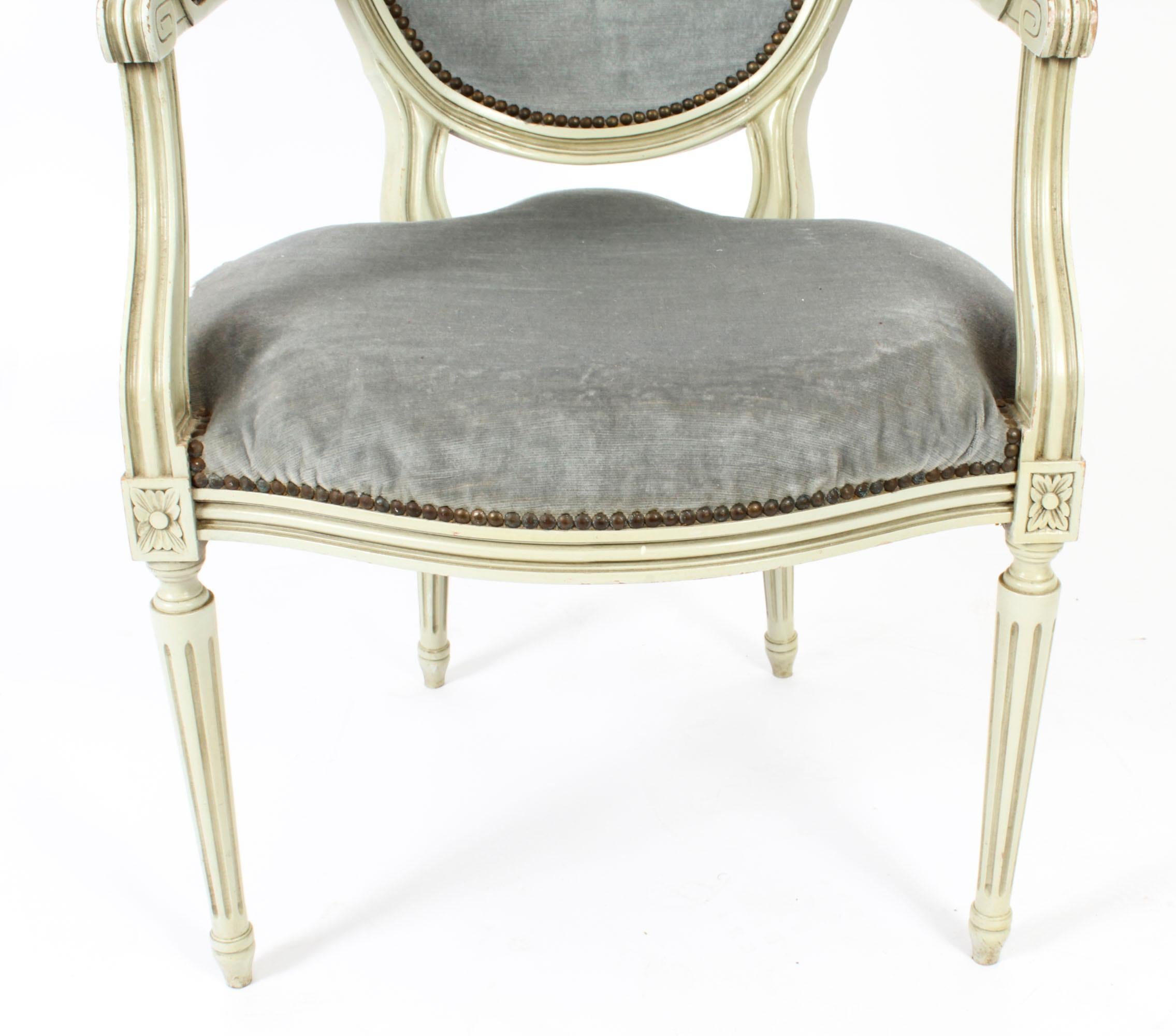 Antique Pair French Louis XVI Revival Painted Armchairs, Early 20th Century For Sale 3