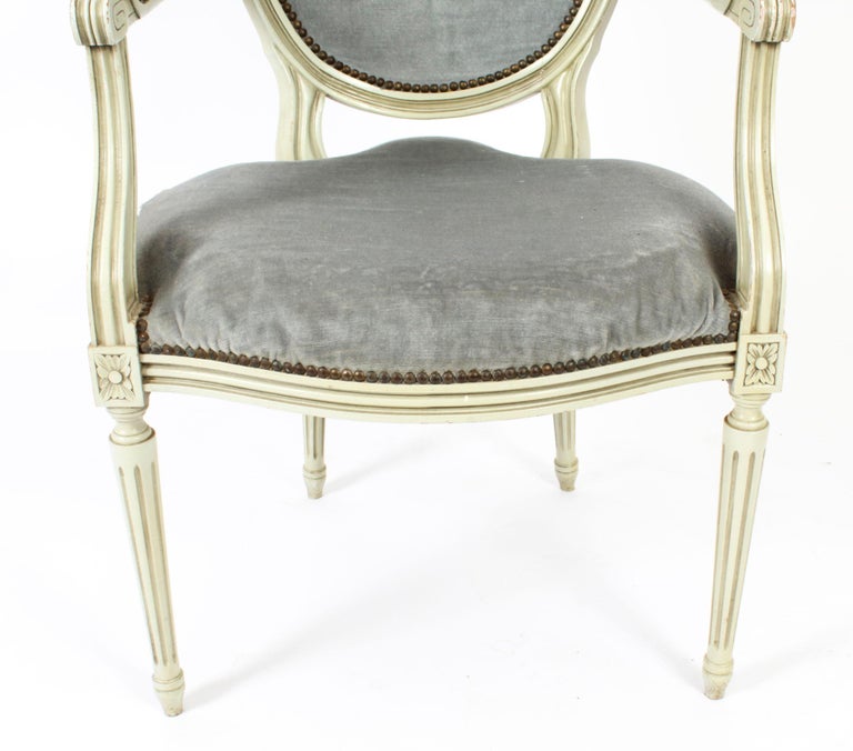 Antique Pair French Louis XVI Revival Painted Armchairs, Early 20th