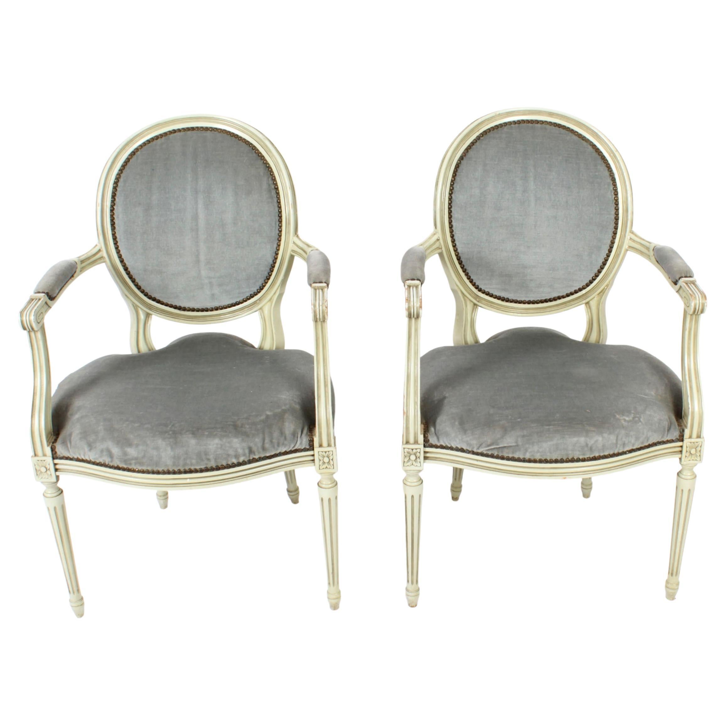 Antique Pair French Louis XVI Revival Painted Armchairs, Early 20th Century