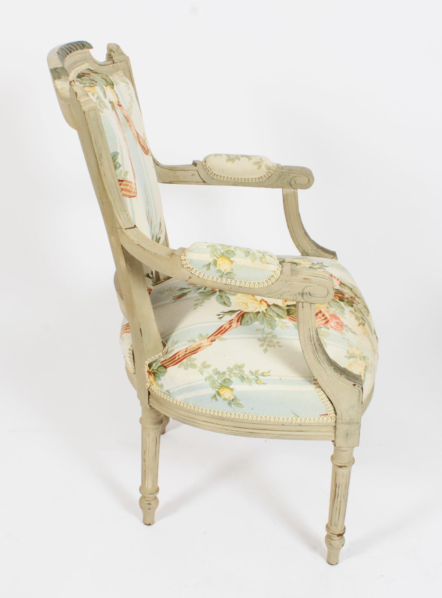 Antique Pair French Louis XVI Revival Painted Fauteuil Armchairs, 19th Century For Sale 5