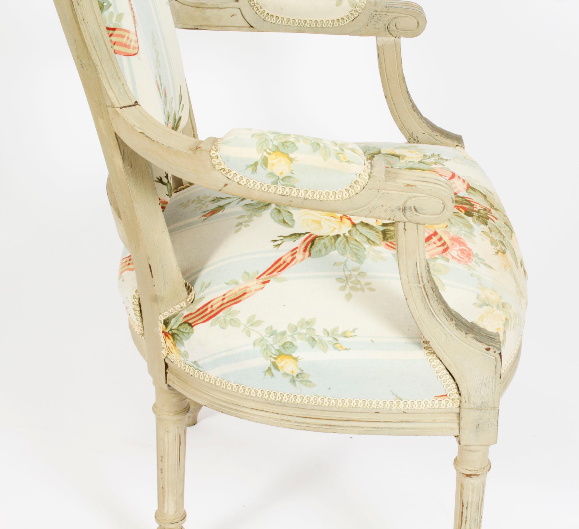 Antique Pair French Louis XVI Revival Painted Fauteuil Armchairs, 19th Century For Sale 6