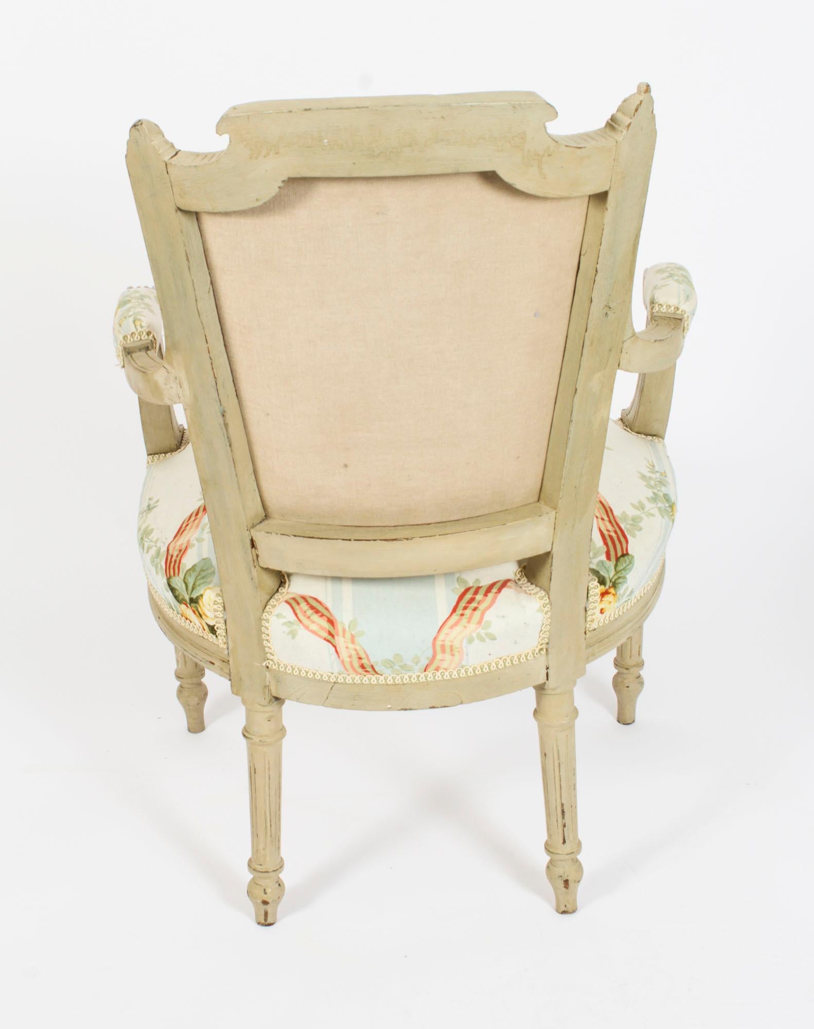 Antique Pair French Louis XVI Revival Painted Fauteuil Armchairs, 19th Century For Sale 7